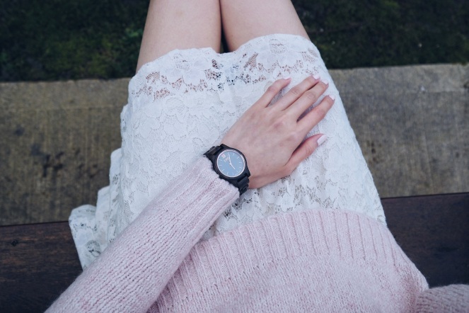white lace skirt and Jord watch