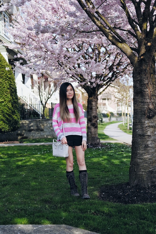 cherry blossoms, pink and white stripes sweater
