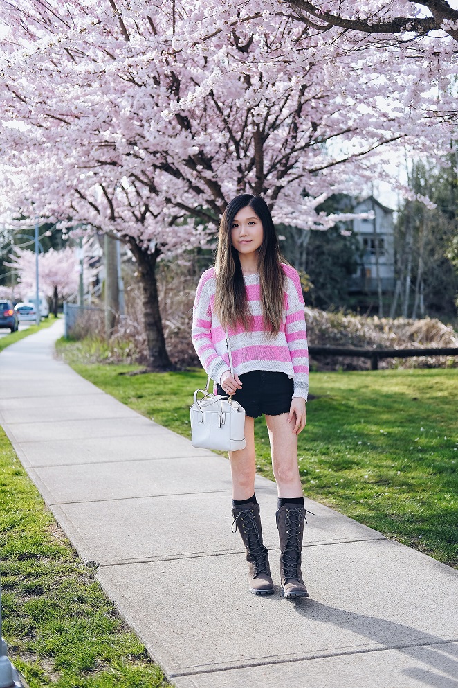 cherry blossoms, shorts with boots style